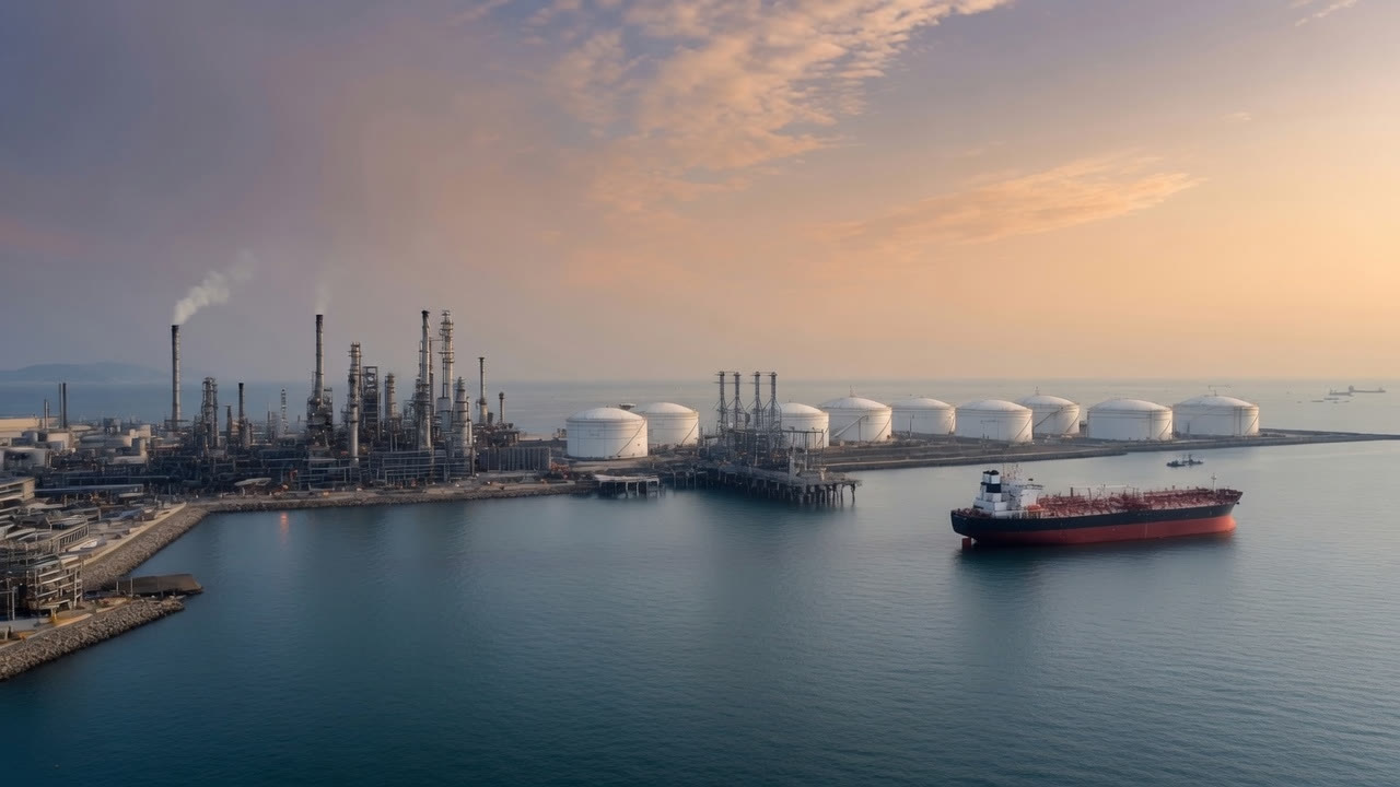 Aerial view of a coastal refinery and bulk liquid terminal with white storage tanks and a red tanker ship at dusk